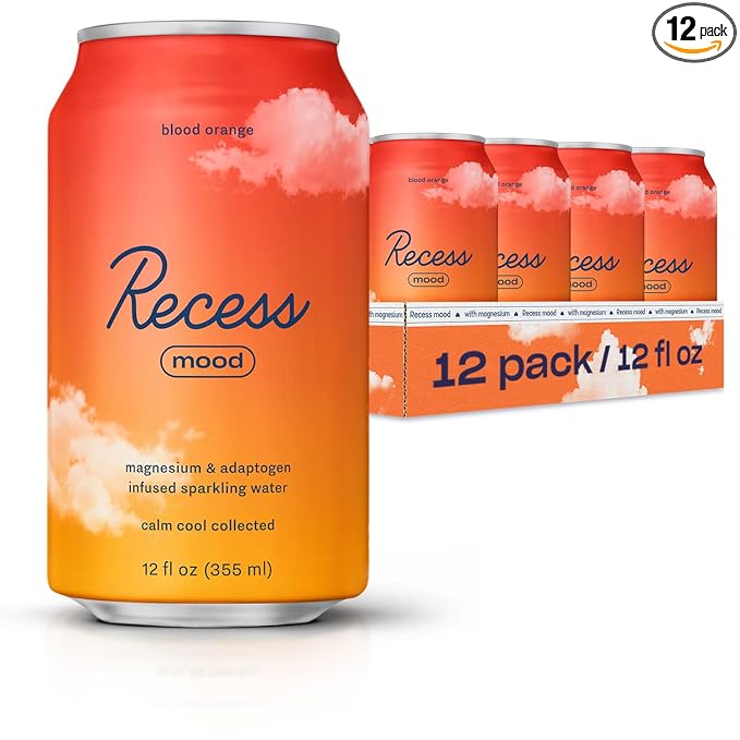 Recess Mood Magnesium & Adaptogen Drink, Relaxation Beverage, 12 ounce (Blood Orange, 12 pack)