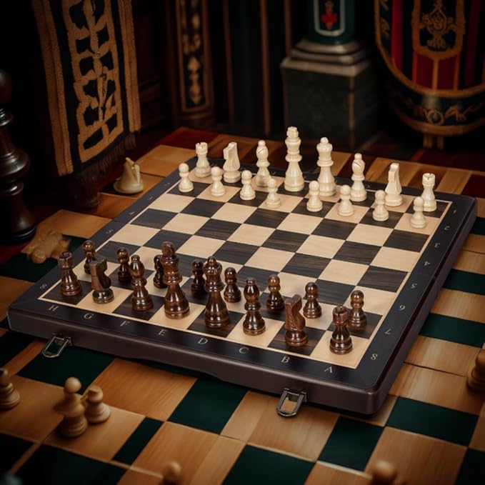 2 in 1 Wooden Magnetic Chess Set & Checkers Board Game-15'' Foldable Chess Board for Adults & Kids-Portable Travel Chess Set with Pieces Storage Slots-2 Extra Queens-Beginner Chess Board Game