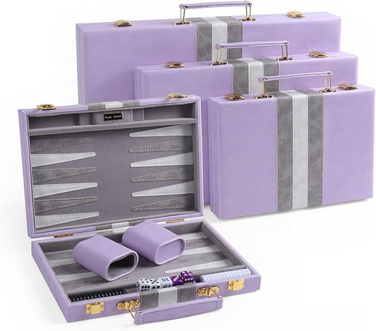 Travel Small 11 Inch Backgammon Set Classic Board Game with Leather Make Board Gift Package, Portable Strategy Game Set for Adults, Kids (Purple, Small)