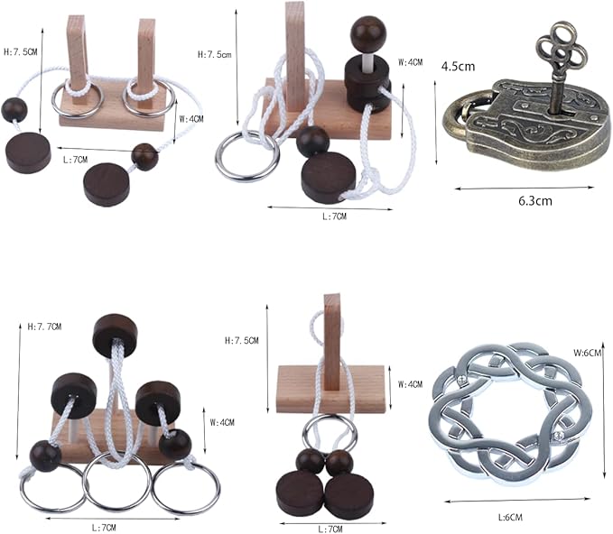 Brain Teaser Puzzle 3D Unlock Interlock Assorted Wooden and Metal ,IQ Logic Training Family Game Party Favor Coffee Table Time Unlock Interlock Mind Puzzles Box(6Pcs)