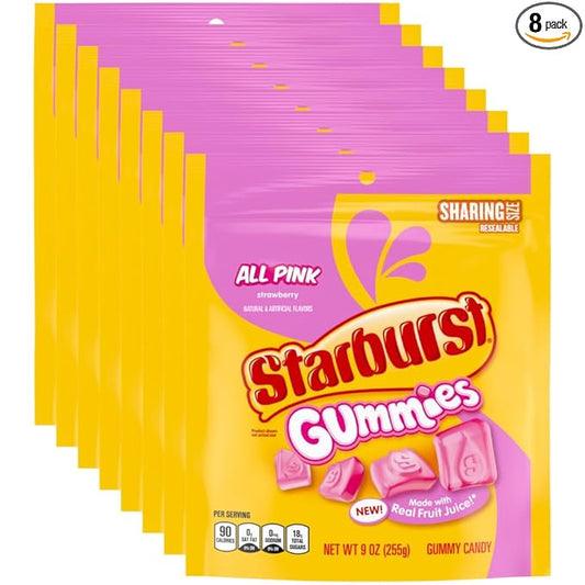 STARBURST Gummies All Pink Gummy Candy, Sharing Size, 9 oz Bag (Pack of 8)