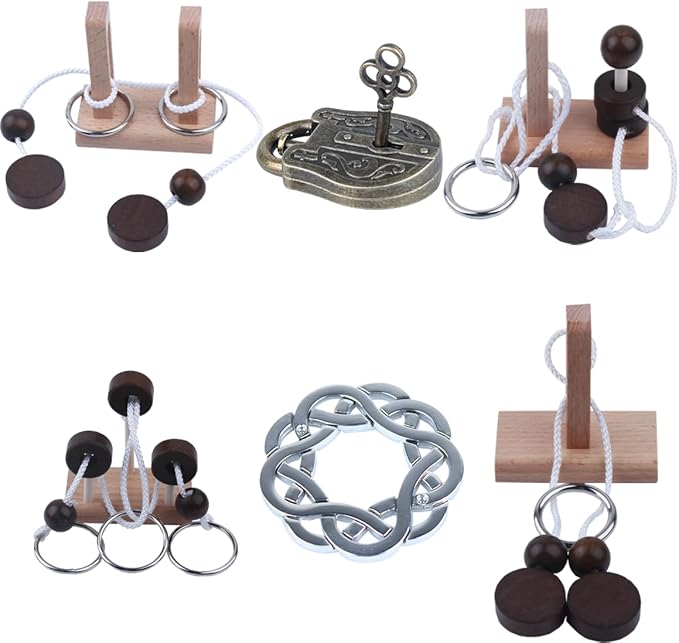 Brain Teaser Puzzle 3D Unlock Interlock Assorted Wooden and Metal ,IQ Logic Training Family Game Party Favor Coffee Table Time Unlock Interlock Mind Puzzles Box(6Pcs)