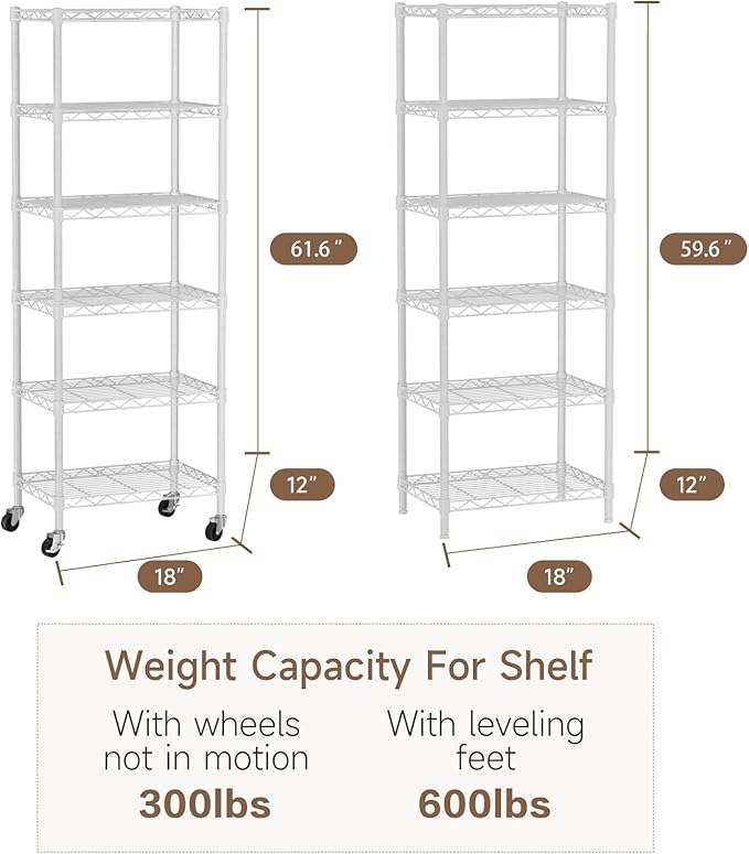 Small 6 Tier Shelves Storage Wire Shelving Unit Metal Shelf Adjustable Organizers Storage Shelving with Wheels for Bathroom Laundry Room Kitchen Pantry12”D x 18”W x 61.6”H White