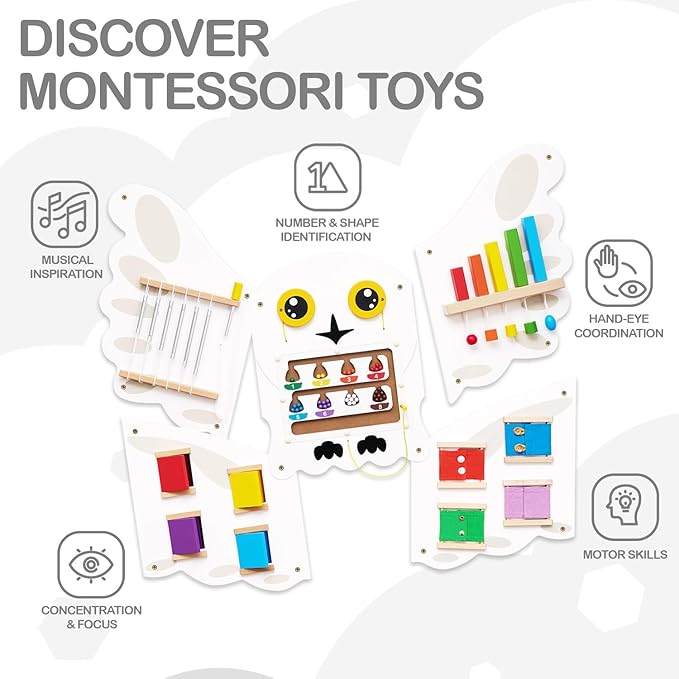 Monläurd® Montessori Owl Busy Board - Sensory Wall Panel for Toddlers, Wooden Activity Board for Kids 6M+, Montessori Educational Toys for Baby Learning, Playroom & Daycare Furniture