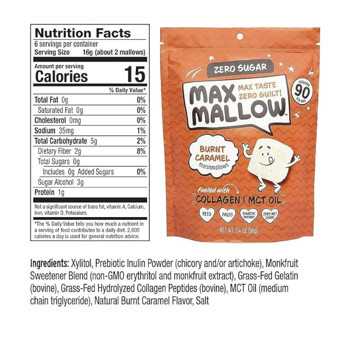 Max Mallow Sugar Free Marshmallows - Keto Friendly, Perfect for S'mores, Hot Chocolate, and Baking with Zero Sugar Snacks, Smores Mct Oil Zero Sugar Marshmellow Marshmallow Burnt Caramel, 6 Pack
