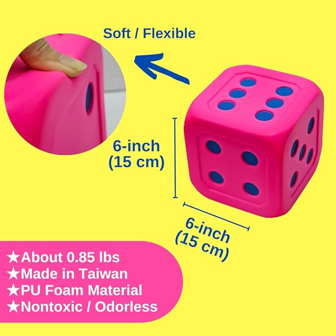 Macro Giant 6 Inch PU Foam Jumbo Big Playing Dice, Set of 2, Neon Red, Math Teaching, Teaching Aids, Board Games, Kid Toy