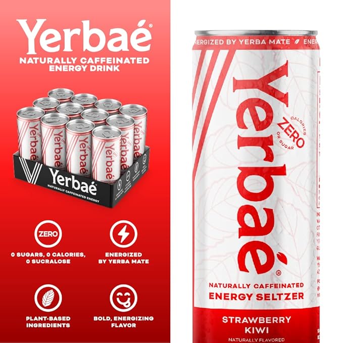 Yerbaé Energy Seltzer - Strawberry Kiwi, No Sugar/Calories/Carbs. Energized by Yerba Mate, Naturally Caffeinated Plant-Based, Healthy Alternative to Coffee/Sugary Sodas, Pack of 12, 12oz cans