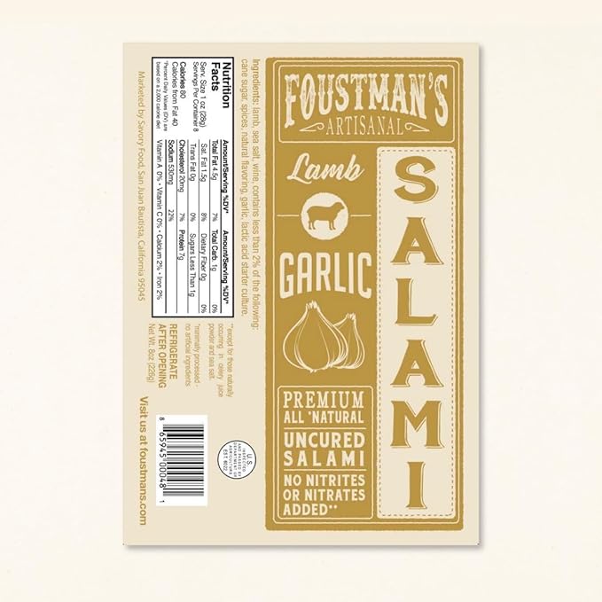 Foustman's Salami Garlic Lamb Artisanal, Nitrate-Free, Naturally Cured, Gluten-Free, Dairy-Free, No Pork, Pack of 3, 8 Oz Each