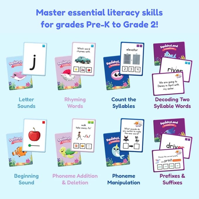 The Fidget Game SquishyLand in Rainbow Reef - Educational & Phonics Learning Activities for Children in Pre-K to 2nd Grade - Mochi Squishy Toys Set with Board Game (2-6 Players) & Card Packs Included