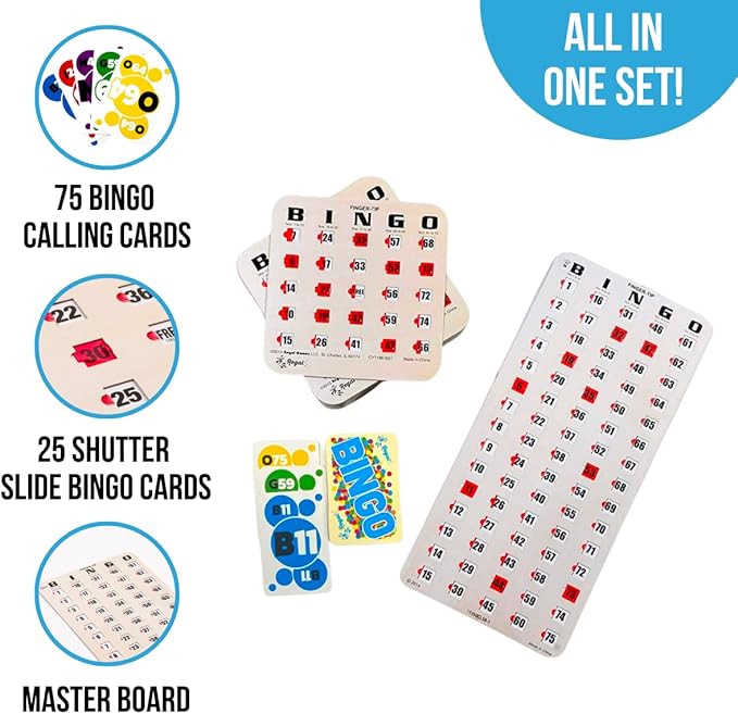 Regal Bingo 25 Bingo Cards with Sliding Windows, Bingo Calling Cards Deck & Master Board Bulk Kit - Reusable Bingo Game Set for Adults & Seniors Large Group - (Standart, Woodgrain)
