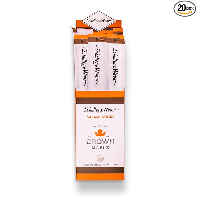Schaller & Weber Crown Maple Salami Sticks, 0.85 Oz (Pack of 20) | Smoked Salami with Crown Maple Syrup | German Style Smoked Sausage Sticks | Gluten Free Protein Snack