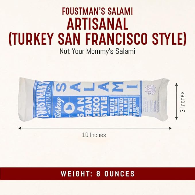 Foustman's Salami Turkey San Francisco Style Artisanal, Nitrate-Free, Naturally Cured, Gluten-Free, Dairy-Free, No Pork, Turkey Deli Meat, 7 Oz Sticks