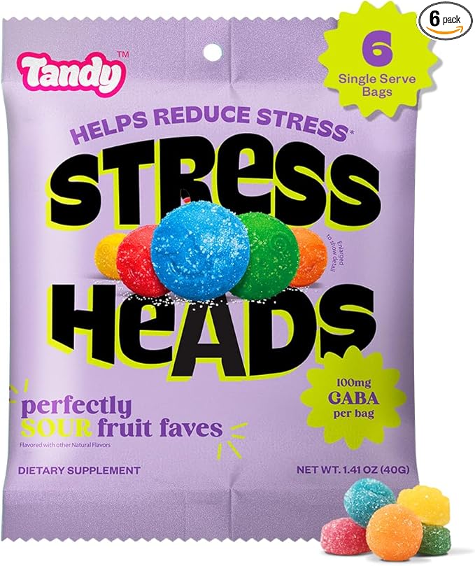 Tandy Stress Heads GABA Amino Acids Gummies I Perfectly Sour Fruit Faves Flavor Gummies Helps Support Stress Relief I Gluten-Free Fast-Acting Dietary Supplement Gummy I 6-Pack