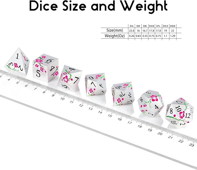 Metal Dungeons and Dragons Dice DNDND 7 PCS Heavy Metallic Flower D&D Dice Set with Gorgeous Gift Case for DND Tabletop Game (Matte Silver with Pink Flower)