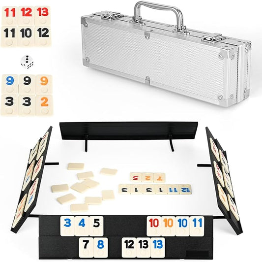 106 Rummy Cube Game with Aluminum Case, Rummy Tiles Sets with 4 Anti-Skid Sturdy Trays for Family Travel, 2-4 Palyers