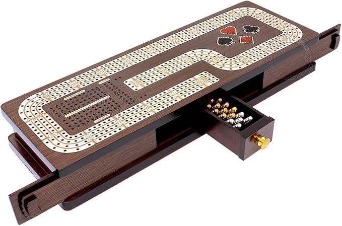 Continuous Cribbage Board/Box Inlaid in Wenge Wood/Maple : 4 Track - Cards & Pegs Storage Drawer with Score Marking Fields for Skunks, Corners and Won Games