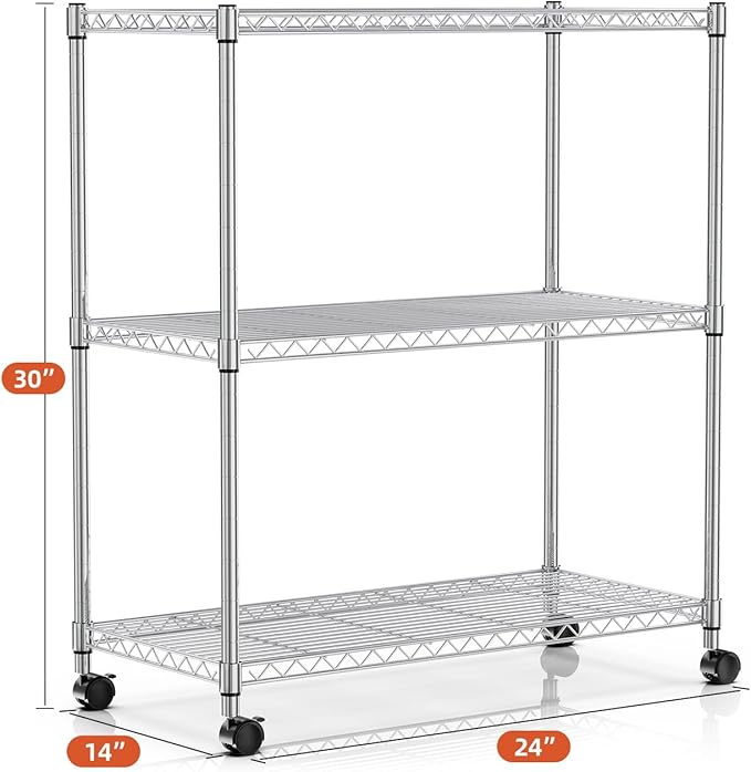 YSSOA 3-Tier Storage Shelves, 24.02" W x 13.78" D x 29.92" H Shelving Unit, 750 Lbs Loading Capacity, Chrome