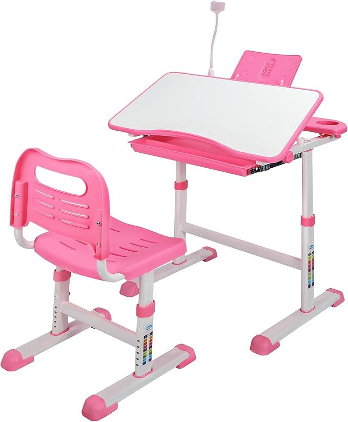 Kids Desk and Chair Set,Height Adjustable Child's Study Table with Tilt Desktop,LED Light,Cup Holder,Bookstand and Storage Drawer,Pink