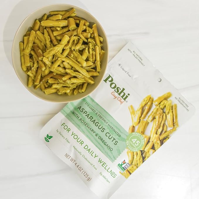 POSHI Marinated Asparagus Cuts with Rosemary + Oregano Natural, Keto, Vegan, Non GMO, Low Carb + Calorie, Gluten Free Ready to Eat Fully Cooked Vegetables, Pentry Food, Gourmet, Healthy 6 Pack, 4.4oz