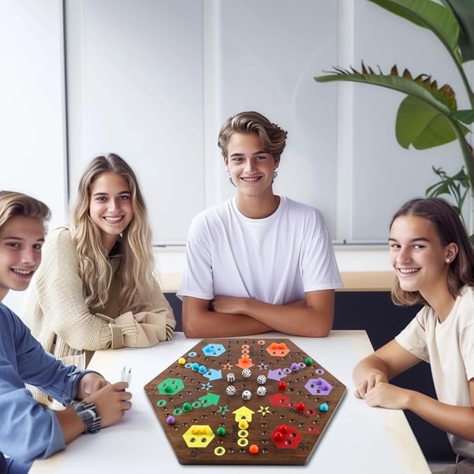 Large 20 Inches Wahoo Marble Board Game 4 and 6 Players 2 Sided Painted Thicken Wooden Dice Marbles Game for Family Friends Party Game Nights