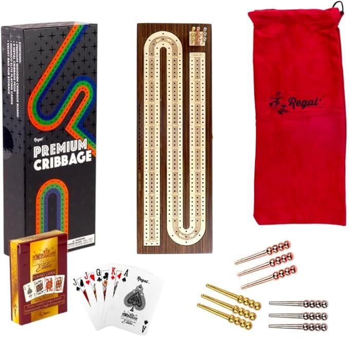 Regal Games Cribbage Board Game Set with Card Storage, Wooden Board & 9 Metal Pegs - Unique Luxury Classic Board Games - Ideal for 2-4 Person