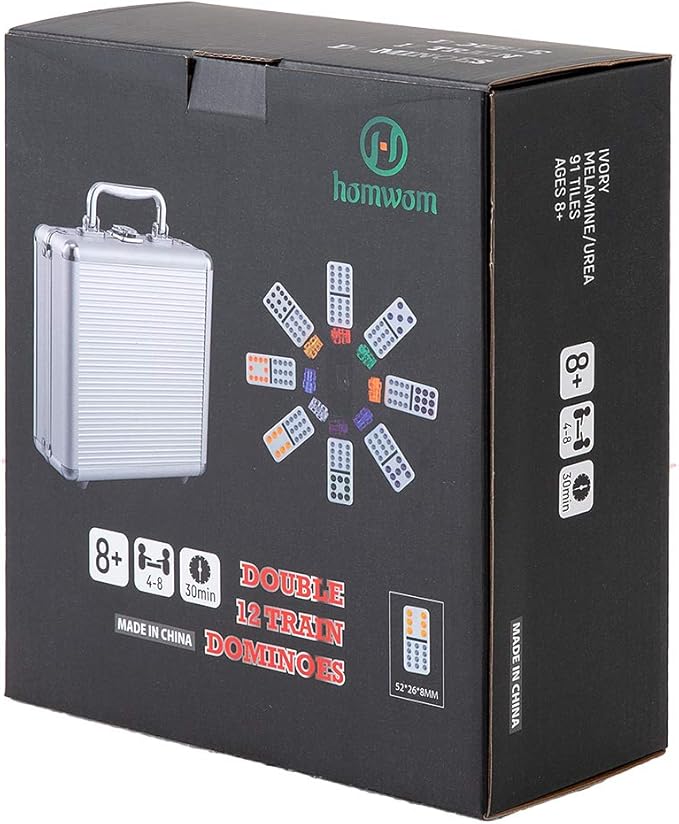 Double 12 Colored Dot Dominoes Mexican Train Game Set, 91 Tiles Dot Dominoes with 9 Trains, Scoreboard, Octagon Shape Hub and Aluminum Case