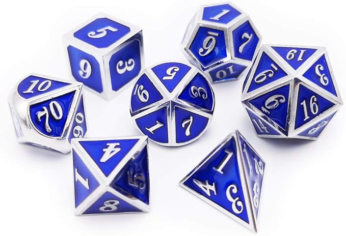 Haxtec Metal Dice Set D&D Silver Navy Blue Metal Polyhedral DND Dice for Dungeons and Dragons-Glossy Enamel Dice (Silver Navy Blue)