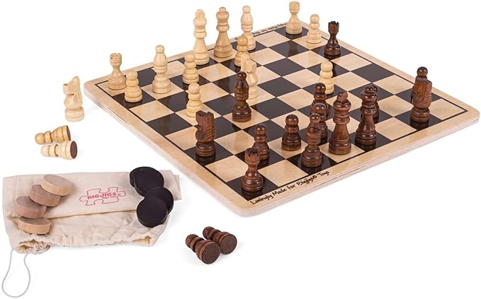 Bigjigs Toys Draughts and Chess Board Sets - 2 in 1 Wooden Chess Board & Checkers Game, 28cm x 28cm, Family Board Games