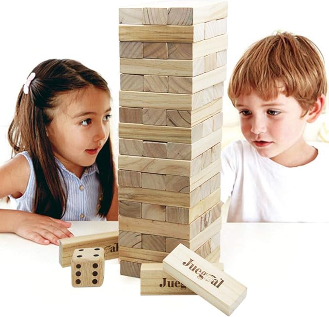 Juegoal 54 Pieces Giant Tumble Tower Blocks Game Giant Wood Stacking Game with 1 Dice Set Canvas Bag for Adult, Kids, Family