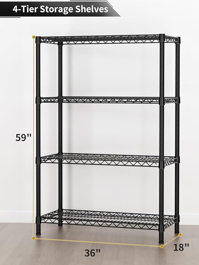 4 Tier Heavy Duty Shelves Adjustable Storage Shelf Organizer Metal Garage Wire Shelving Unit Pantry 18" D x 36" W x 59" H,Black