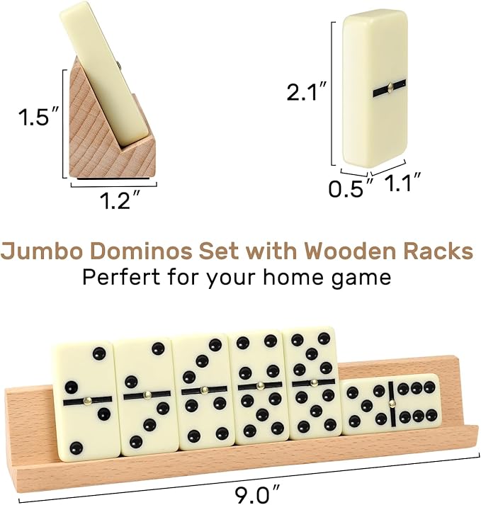 Jumbo Dominos Set for Adults with 4 Wooden Racks/Trays, Double 6 Dominoes Travel Set with Portable Case Double Six Dominoes Set with 4 Tiles Holders, 28 Tiles Dominos Set for Family Board Games