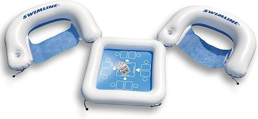 SWIMLINE ORIGINAL Inflatable Game Table Station With Waterproof Playing Cards & Two Inflatable Sling Chairs W/ CupHolders | Double Sided Game Set | Poker & Card Games | Chess & Checkers