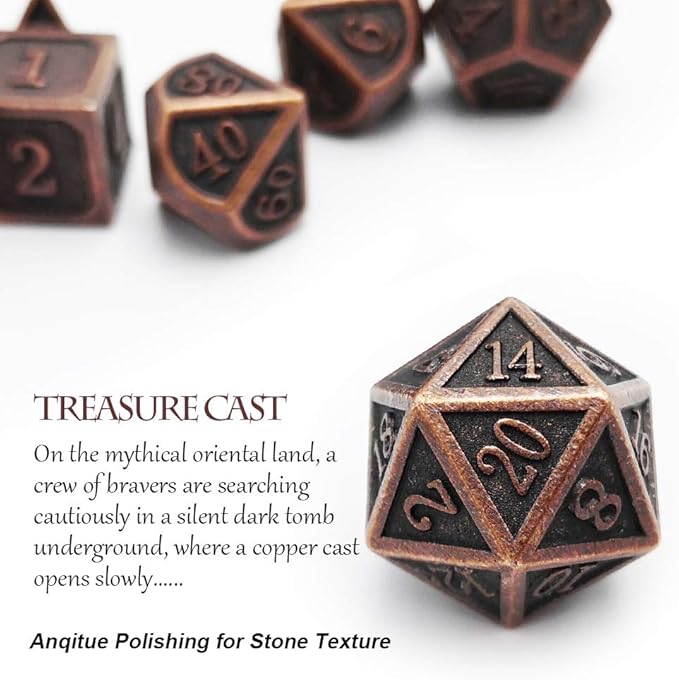 Haxtec Antique Copper Metal DND Dice Set 7 Die Polyhedral D&D Dice for TTRPG Dungeons and Dragons Gift