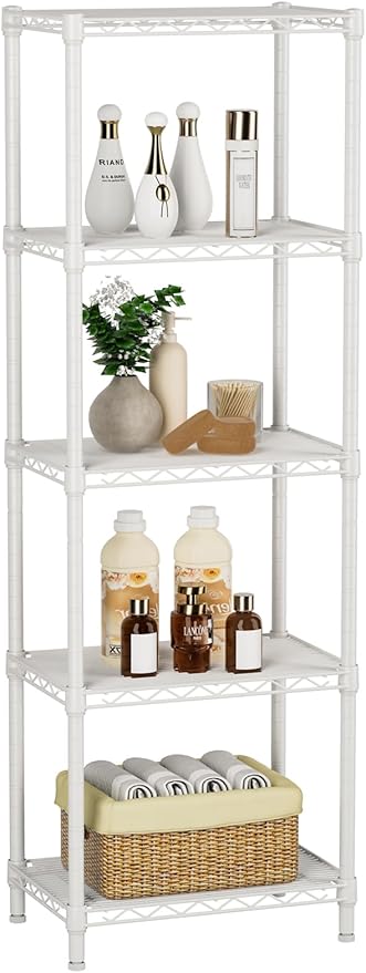 Small 5 tire Shelves Storage Wire Shelving Unit Metal Shelf Adjustable Organizers Storage Shelving for Bathroom Laundry Room Kitchen Pantry10โD x 16โW x 55โH White