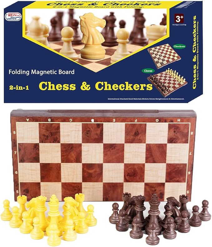 WEofferwhatYOUwant 2-in-1 Magnetic Travel Chess Set – Chess & Checkers Medium Size – Folding Wood Color Board – 12.4”
