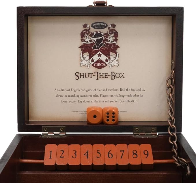 Front Porch Classics, Circa Shut the Box, Wooden 9 Number Dice Game with Case for Travel, for Adults and Kids Ages 8 and Up