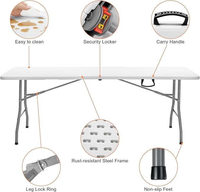 SKOK Folding Picnic Table 8 Foot, 8FT Long Plastic Picnic Table Portable with Carry Handle, White Tailgating Utility Commercial Craft Table with Heavy Duty Frame for Party & Events,330lbs