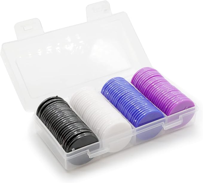 Set of 100 Opaque Plastic Learning Counters Mini Poker Chips Game Tokens with Storage Box (Black+White+Blue+Purple, 1.26 Inch)