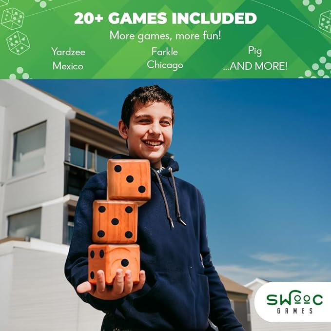 SWOOC Games - Yardzee, Farkle, & 20+ Giant Dice Games - Yard Dice (All Weather) w/Bucket, Scorecards, & Marker - Giant Outdoor Games - Giant Yard Games for Adults - Big Dice Jumbo Dice - Large Dice