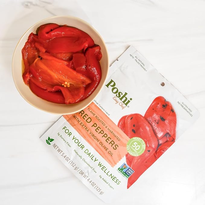 POSHI Flame Roasted Red Peppers in Extra Virgin Olive Oil Natural, Keto, Vegan, Non GMO, Low Carb + Calorie, Gluten Free, Ready to Eat, Fully Cooked Vegetables, Pentry Food, Gourmet, 6 Pack, 5.4 oz