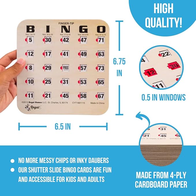 Regal Bingo 25 Bingo Cards with Sliding Windows, Bingo Calling Cards Deck & Master Board Bulk Kit - Reusable Bingo Game Set for Adults & Seniors Large Group - (Standart, Woodgrain)