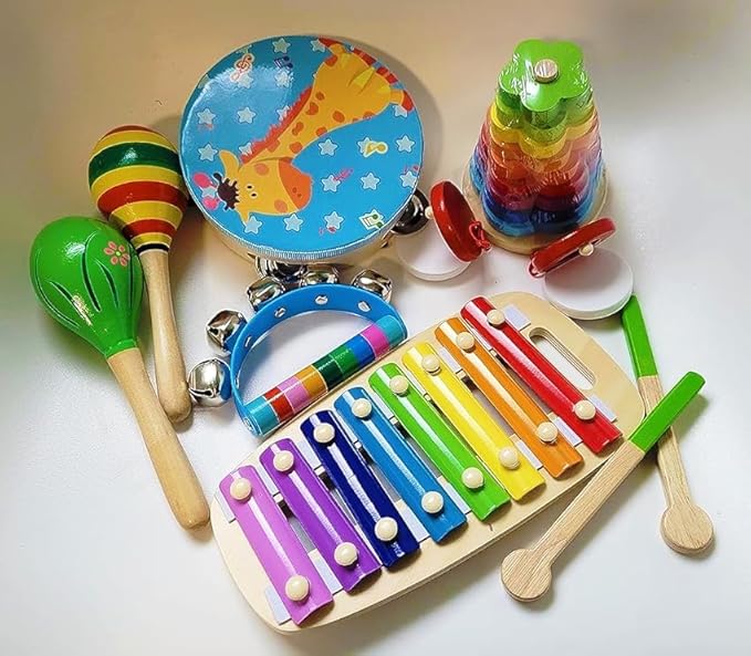 Kids Musical Instruments, 12pcs Wooden Musical Toys for Toddlers 2-4 with Xylophone Maracas Tambourine, Educational Baby Musical Toys Birthday Gift for 2 3 4 5 Years Old Girls Boys