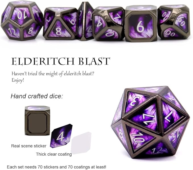 Haxtec Metal DND Dice Set Purple Black Real Scene D&D Metal Dice Set for Dungeons and Dragons TTRPG DND Gifts Elderitch Blast