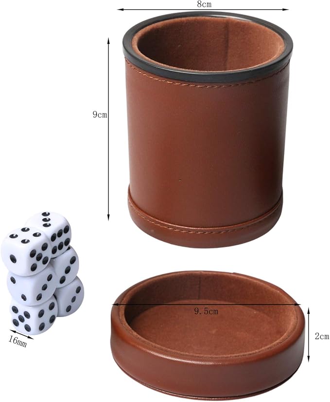 PU Leather Dice Cup Set with Lid Dark Brown Felt Lining Quiet Shaker Cup Includes 6 Dot Dice for Liars Dice Farkle Yahtzee Board Games, 1 Pack