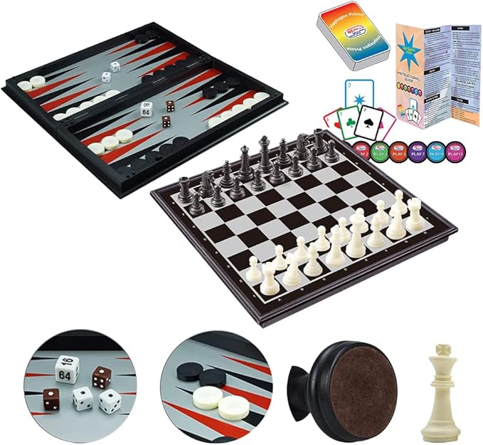 WEofferwhatYOUwant 4-in-1 Magnetic Chess Set – Chess, Checkers, Backgammon & Bonus Strategy Card Game – 14.2” Folding Board