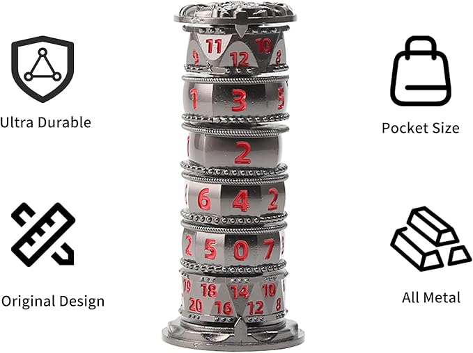 Pagoda Dice Spinner, 7 in 1 Metal Unique Roulette Dice for Sci-Fi, War, Crime Theme Tabletop Games