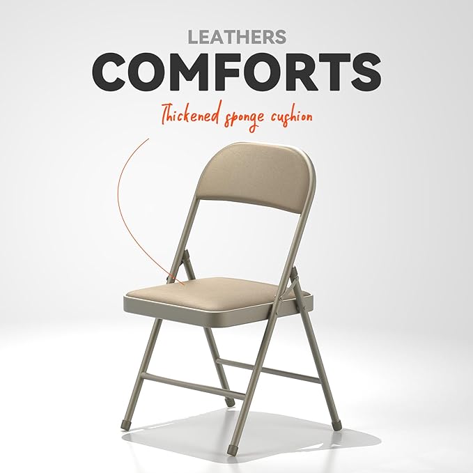 Nazhura 4 Pack Folding Chairs with Padded Vinyl Cushion Chairs with Comfortable Cushion and Durable Steel Frame for Home and Office, for Indoor and Outdoor Events (Kahki Vinyl Padding 4 Pack)