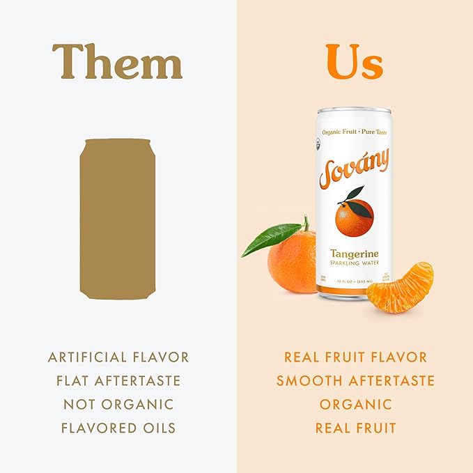 Sovány Sparkling Water, Tangerine, Seltzer Water Drinks, USDA Organic, Made With Real Fruit, Non-GMO, Vegan, No Added Sugar, Low Calorie, 12 fl oz, 12 Pack