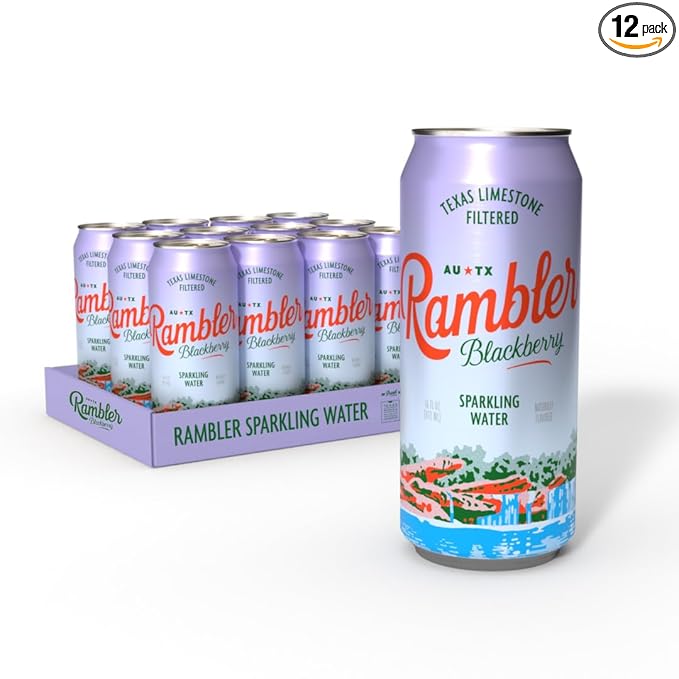 AUTX RAMBLER Sparkling Water, Texas Limestone Mineral Blend, Blackberry Flavor, 16-Ounce Tallboy Cans, 12-Pack