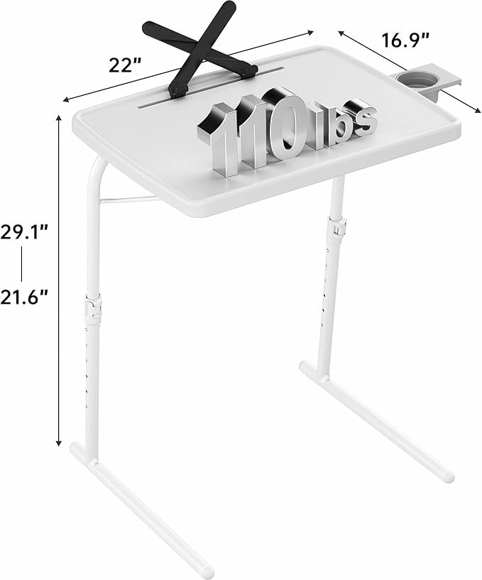 Allpop X TV Tray Table, TV Dinner Tray for Eating, Large Adjustable Folding Laptop Table with Book Stand, Cup Holder & Tablet Slot on Couch & Bed with 6 Heights & 3 Tilt Angles, White